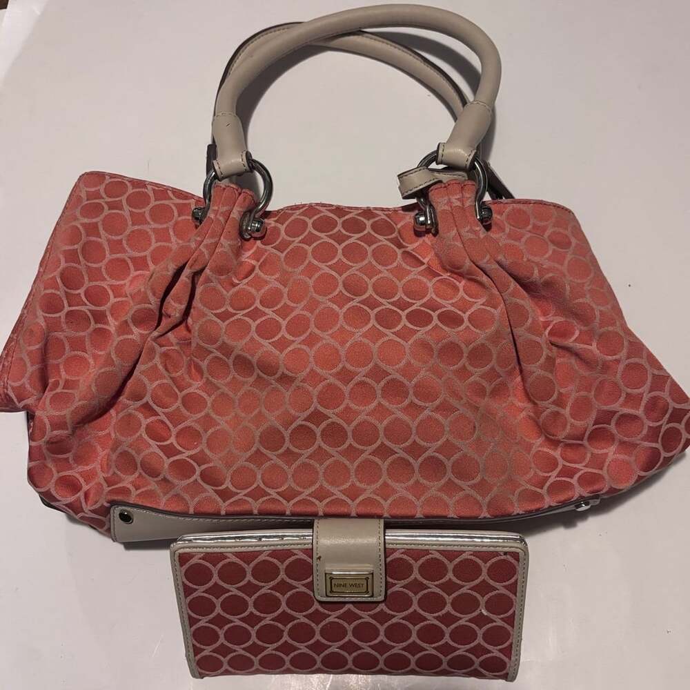 Nine West Pink Faux Snake Skin Pattern Shoulder Bag and Wallet Set